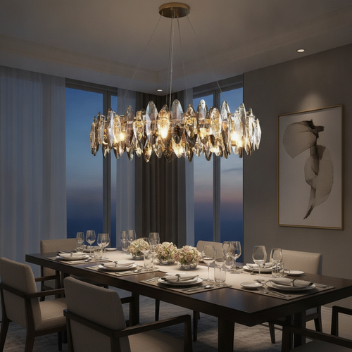 Crystal chandelier glowing over a set modern dining table at dusk