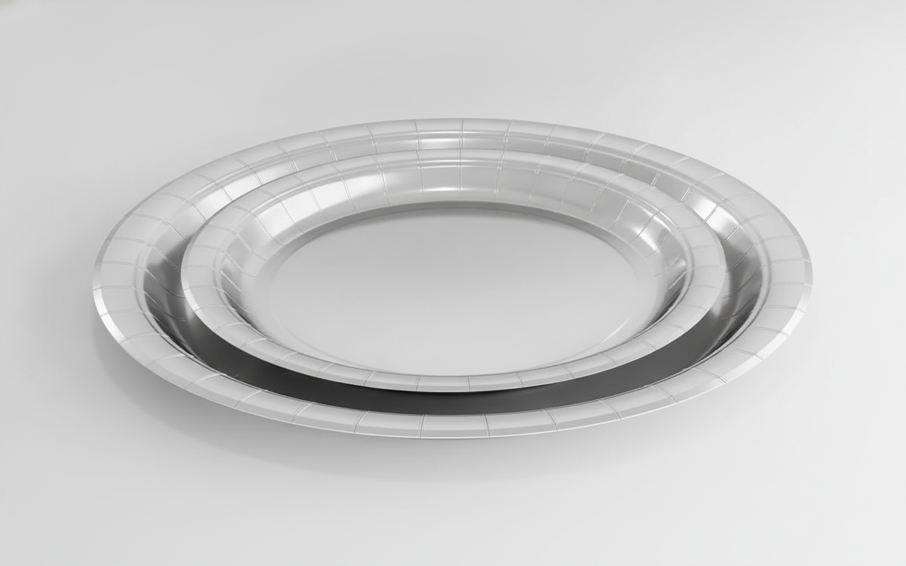 Close-up of two smooth silver paper plates showing the metallic center and fine tick-mark rim