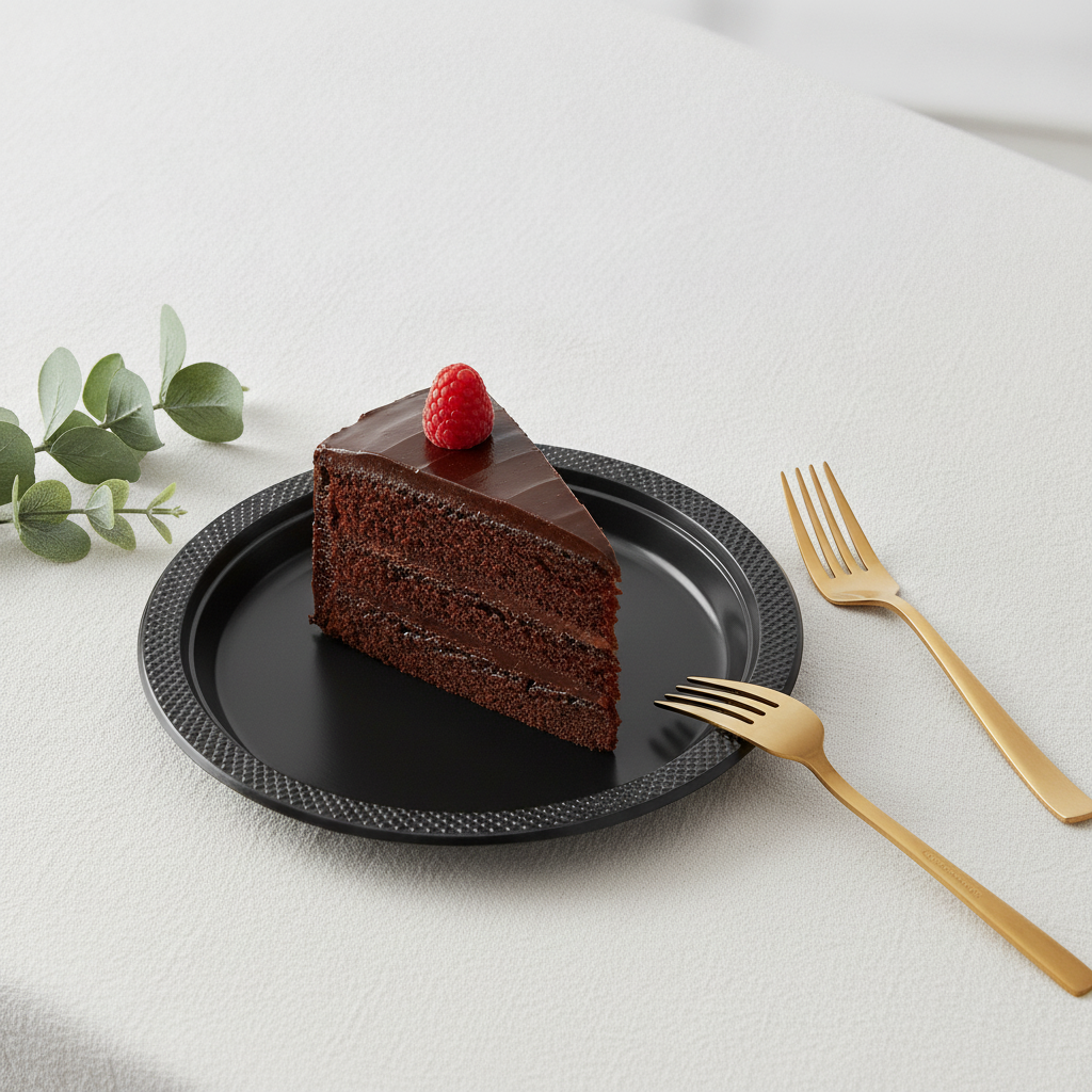 Angled close-up of a black disposable plate with a cake slice and gold fork