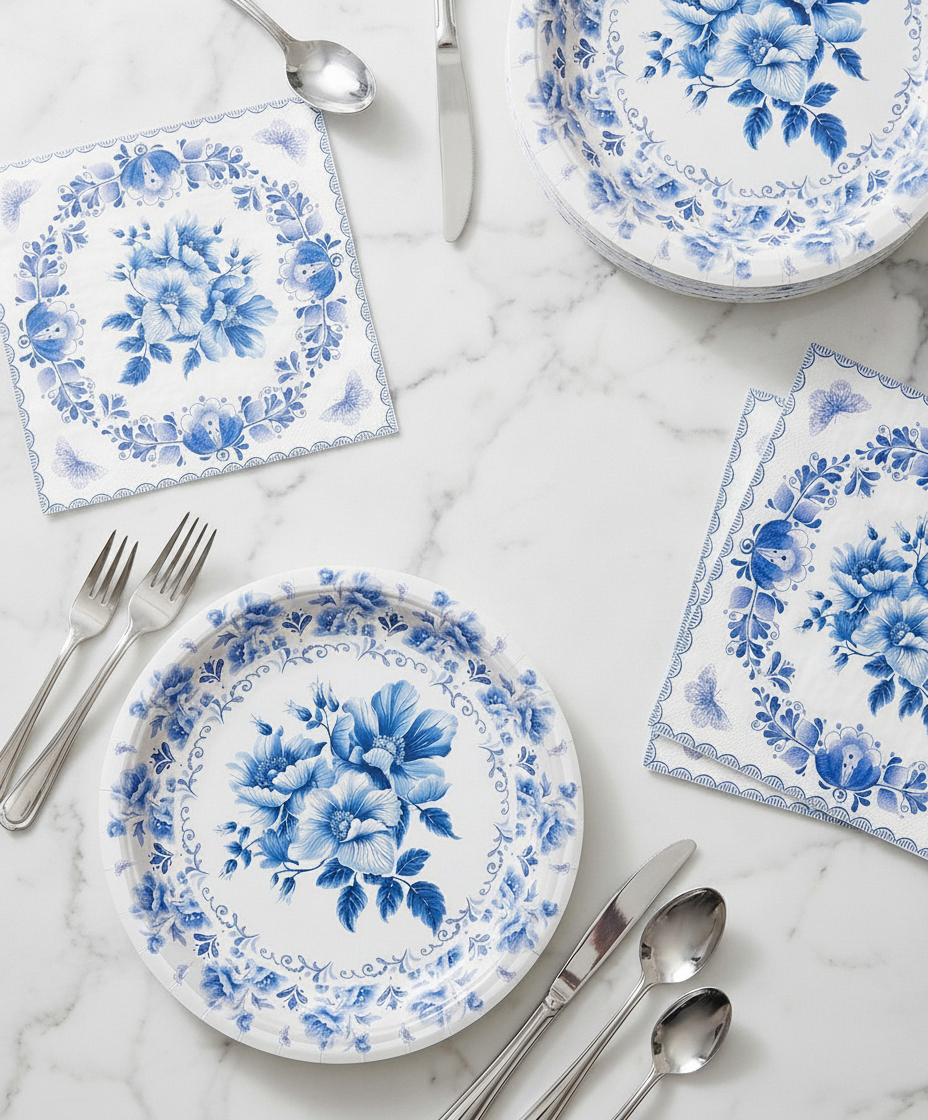 Fanned stack of blue and white floral disposable paper plates with matching napkins