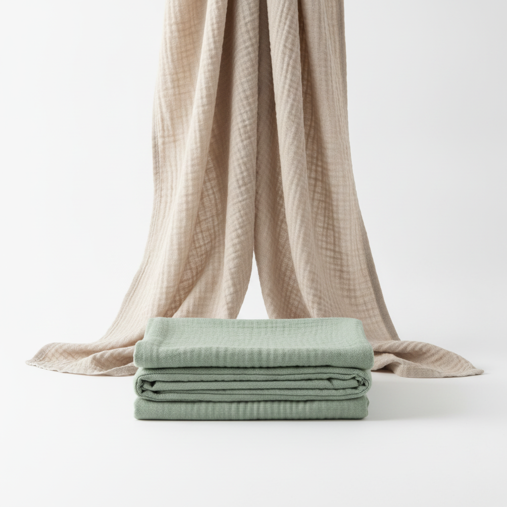 Soft folded cotton gauze towel in sage green on white background