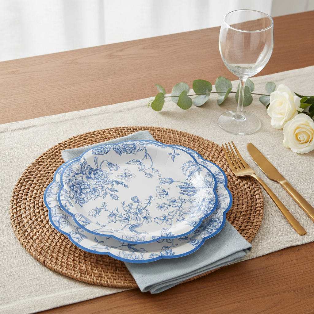 Blue chinoiserie floral disposable paper dessert plates styled on a woven placemat with gold flatware
