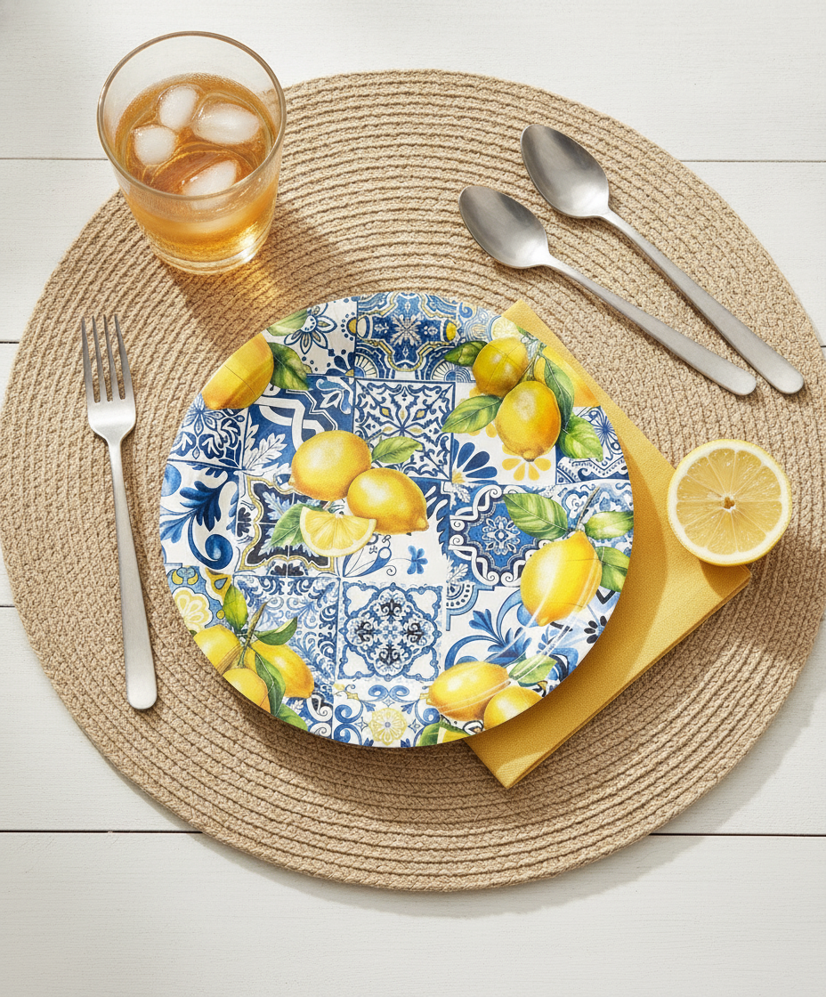 Lemon and blue tile disposable paper party plate summer place setting with woven placemat and lemonade