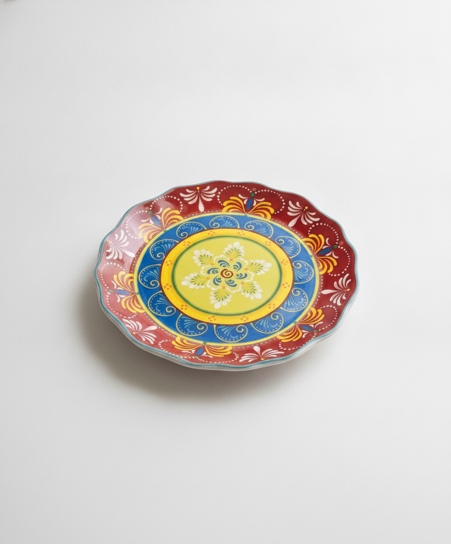 Mediterranean floral ceramic dinner plate on a clean white studio background
