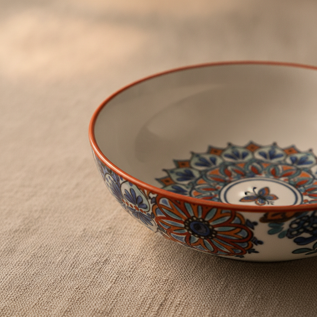 Close-up of hand-painted indigo and orange butterfly floral motif on ceramic bowl
