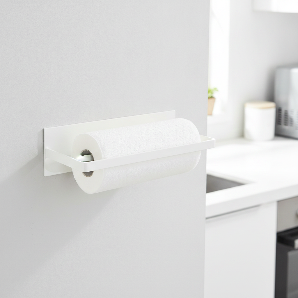 White iron wall-mounted paper towel holder with a roll in a bright modern kitchen