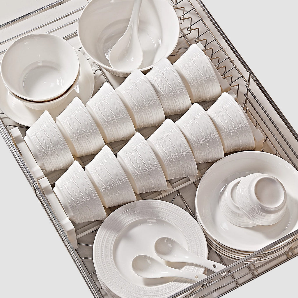 Jingdezhen Embossed White Porcelain Dinnerware Set for 12, 74 pc