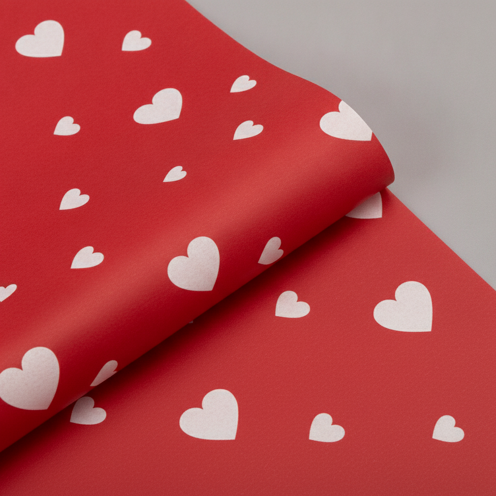 Macro detail of red wrapping paper with printed white hearts