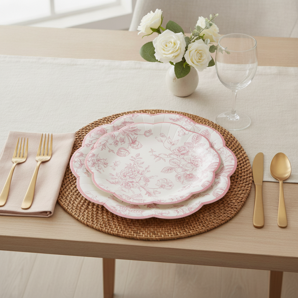 Pink floral scalloped paper dessert plate place setting with pink napkin and roses