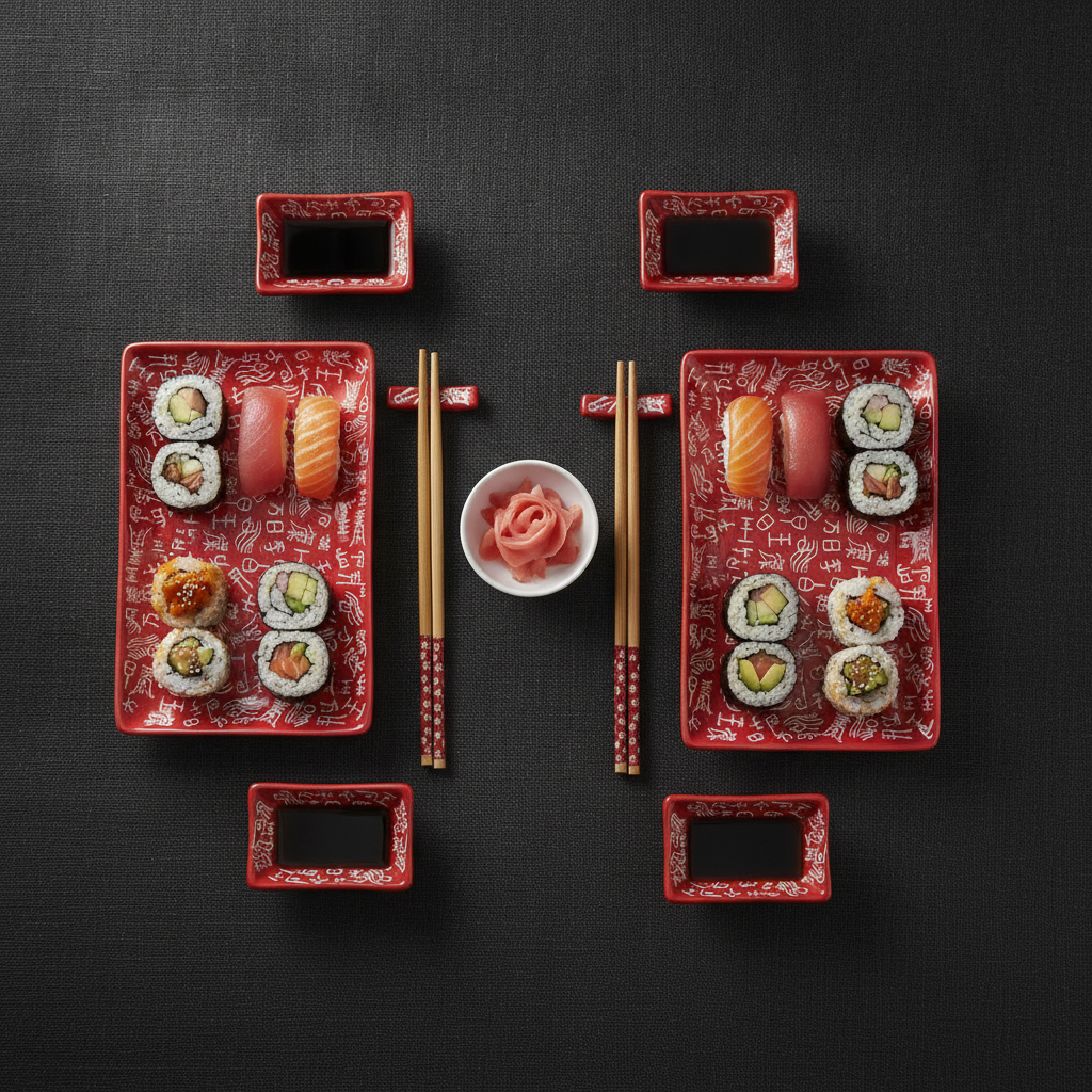 Overhead sushi dinner for two on the Vermiglio red ceramic set with chopsticks and soy dishes