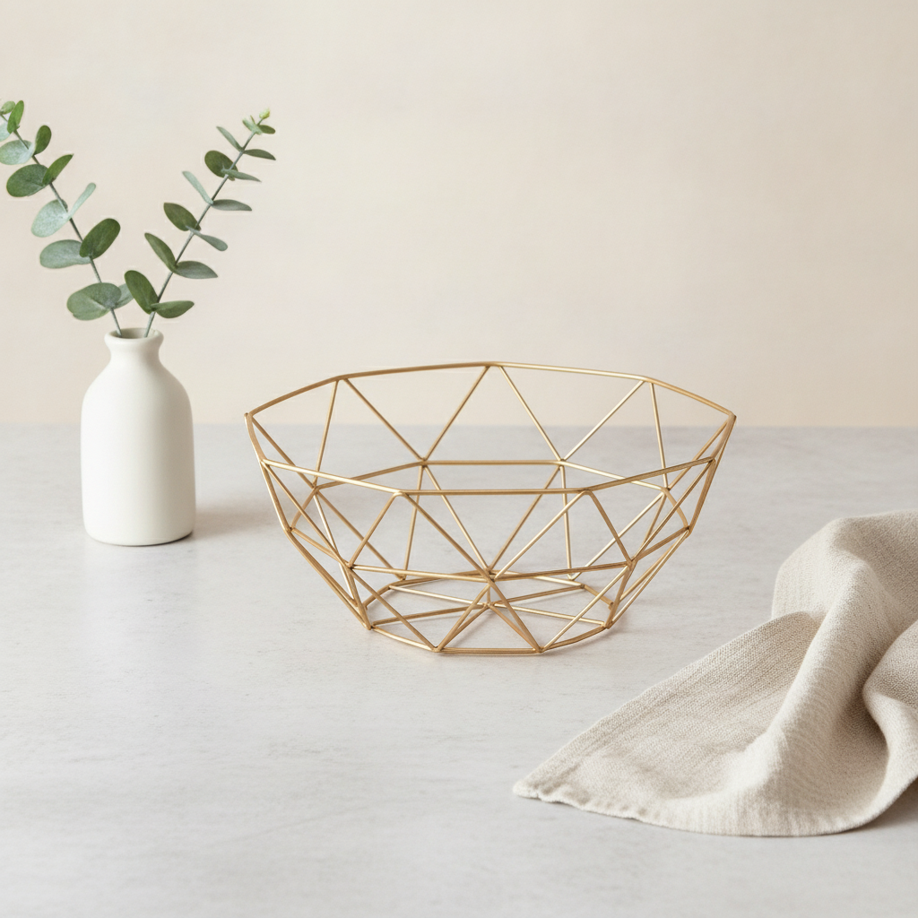 Gold finish geometric wire fruit basket styled as countertop decor
