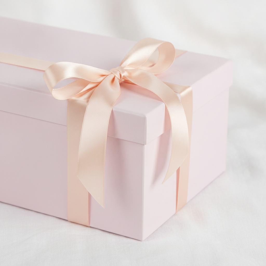 Macro detail of pink satin ribbon bow on a blush pink gift box corner