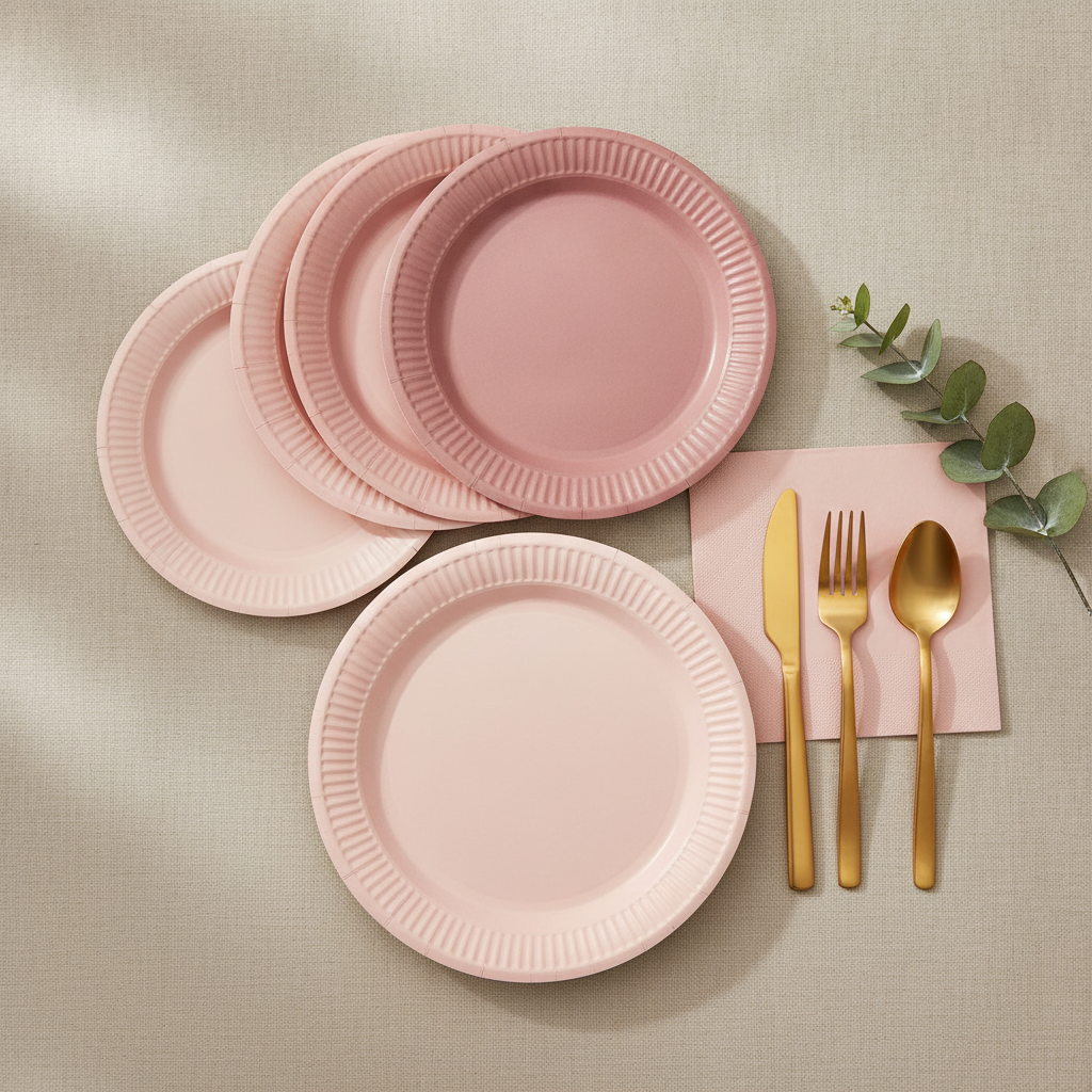 Overhead flat-lay of dusty-pink gradient paper plates with napkins and gold cutlery