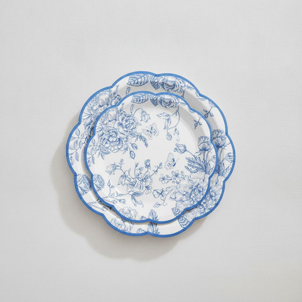 Blue chinoiserie floral scalloped disposable paper plates fanned in a stack on a white background