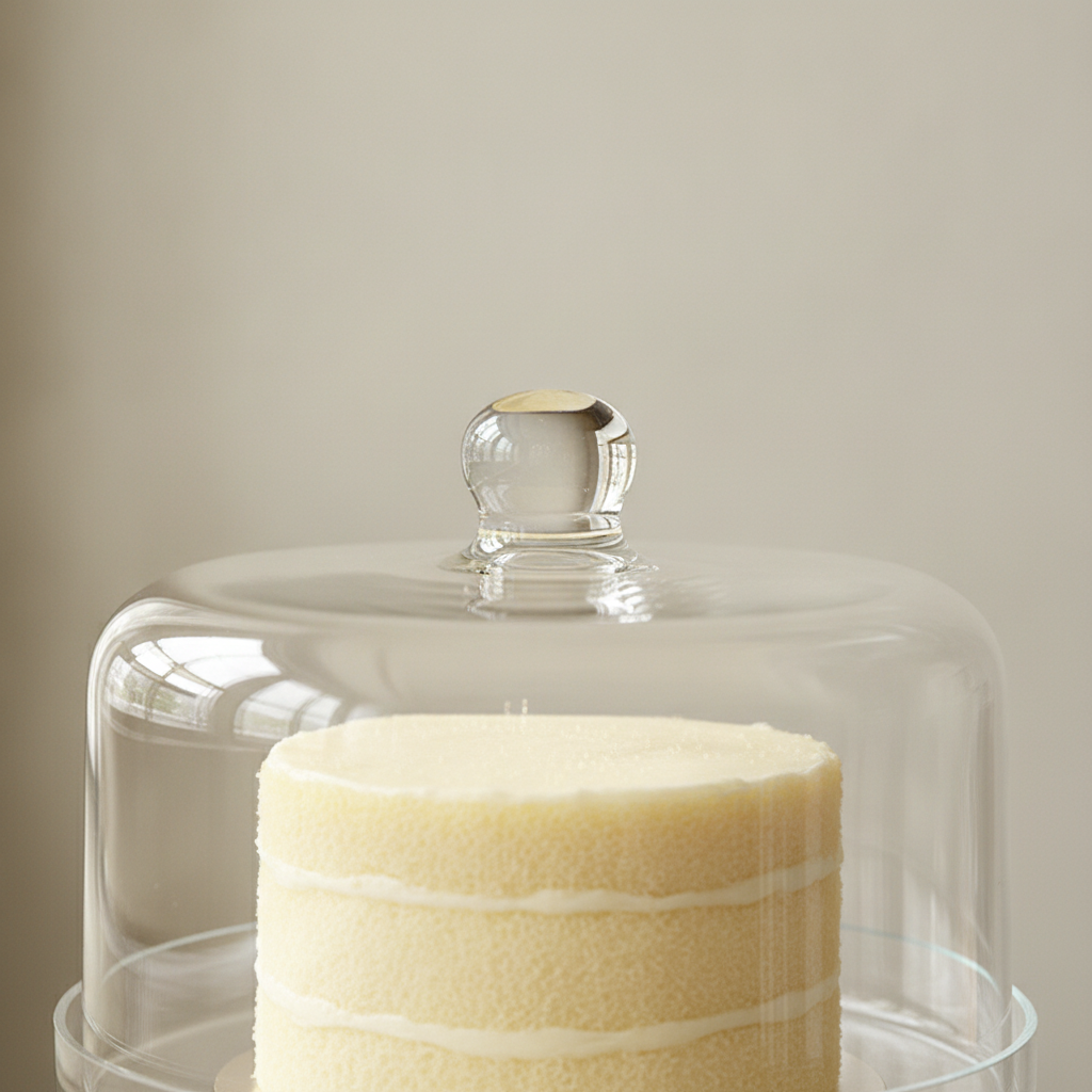 Macro close-up of clear glass dome knob over a cake on the glass stand
