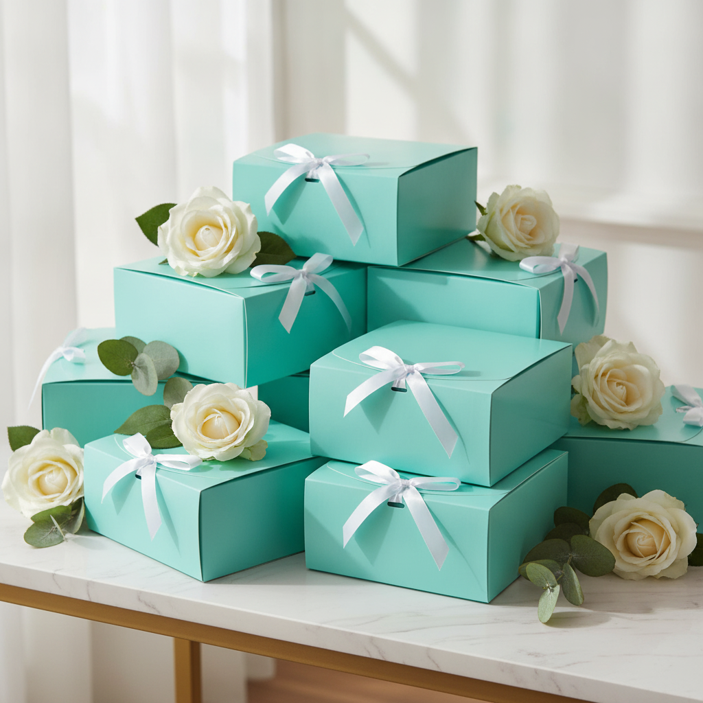Stack of glossy turquoise teal gift boxes with white satin bows on marble