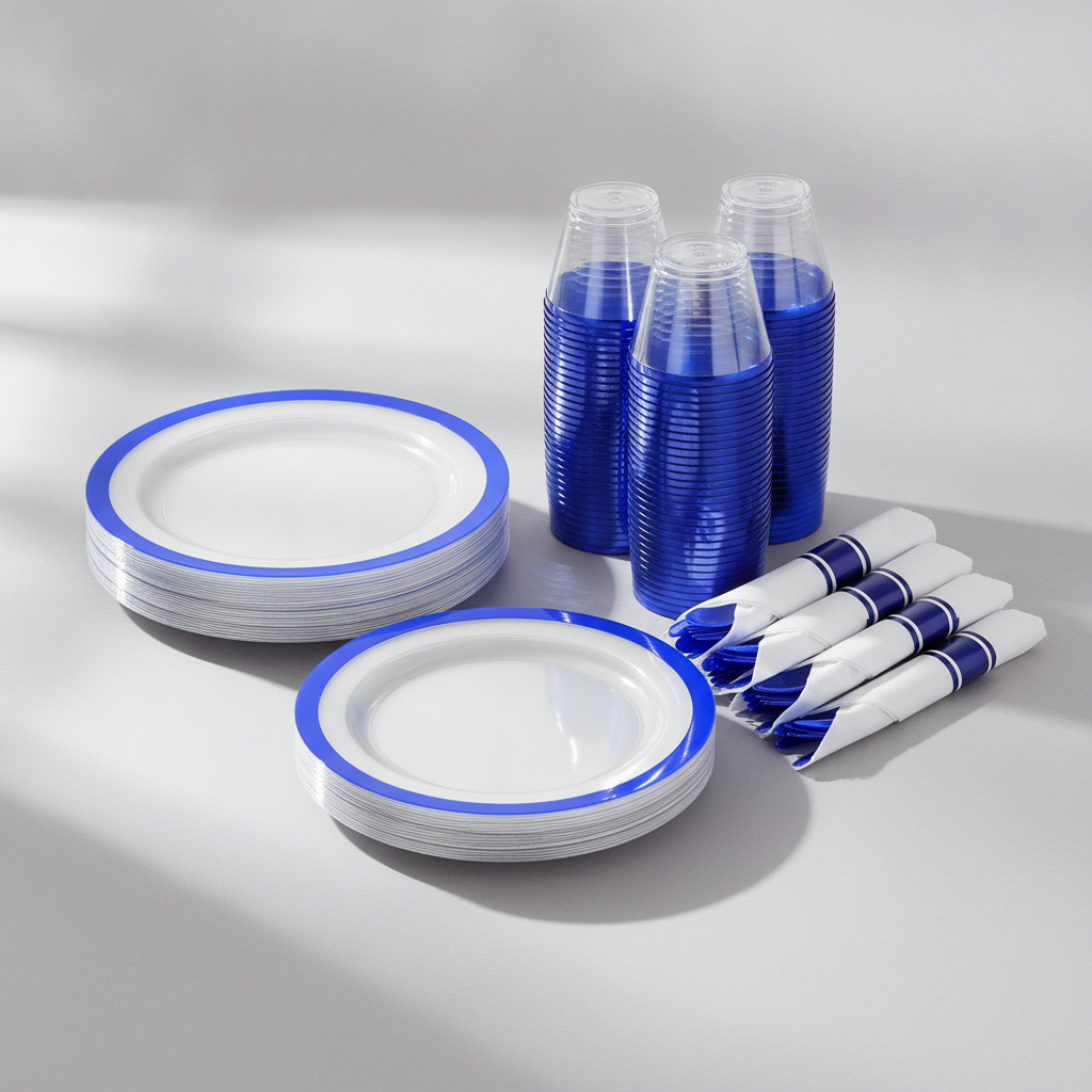 Stack of clear blue-rim plastic plates with cups and pre-rolled cutlery