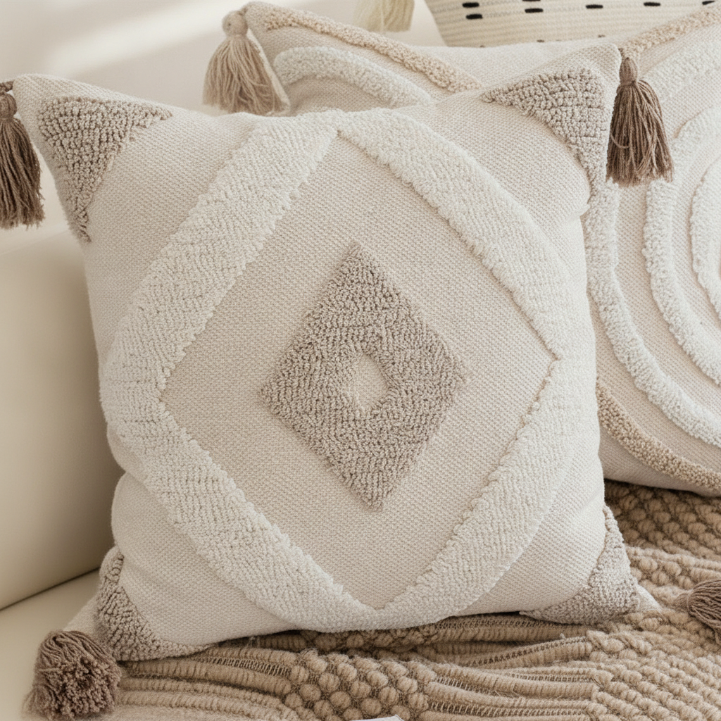 Close-up of the Trama cushion tufted diamond texture and corner tassel