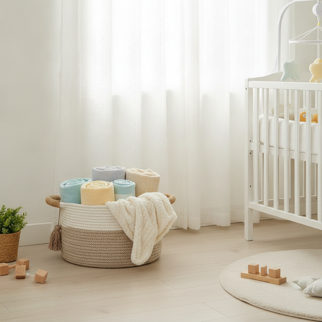 Cotton rope basket holding folded blankets in a bright nursery