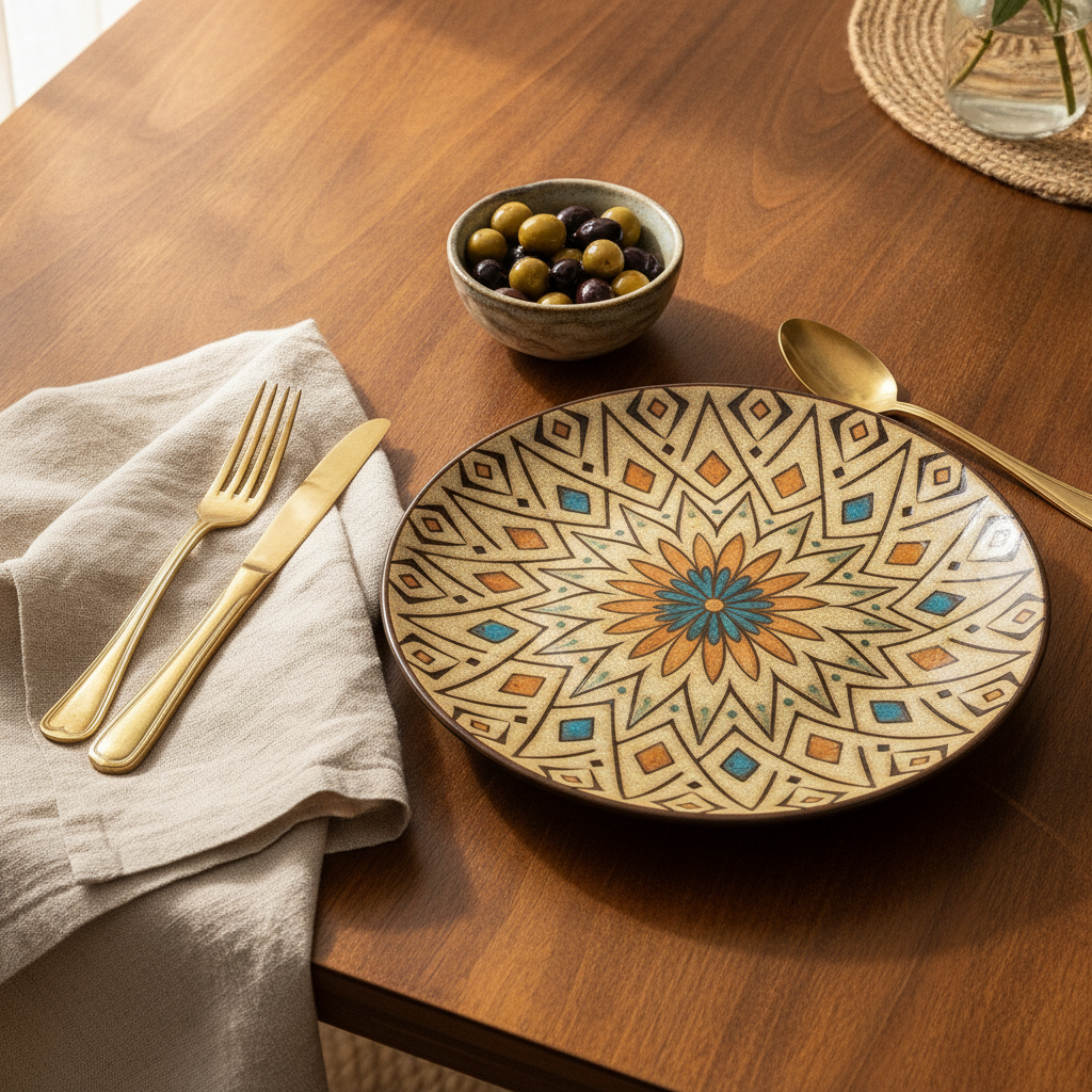 Place setting with the Moroccan mandala porcelain plate on a warm wooden table