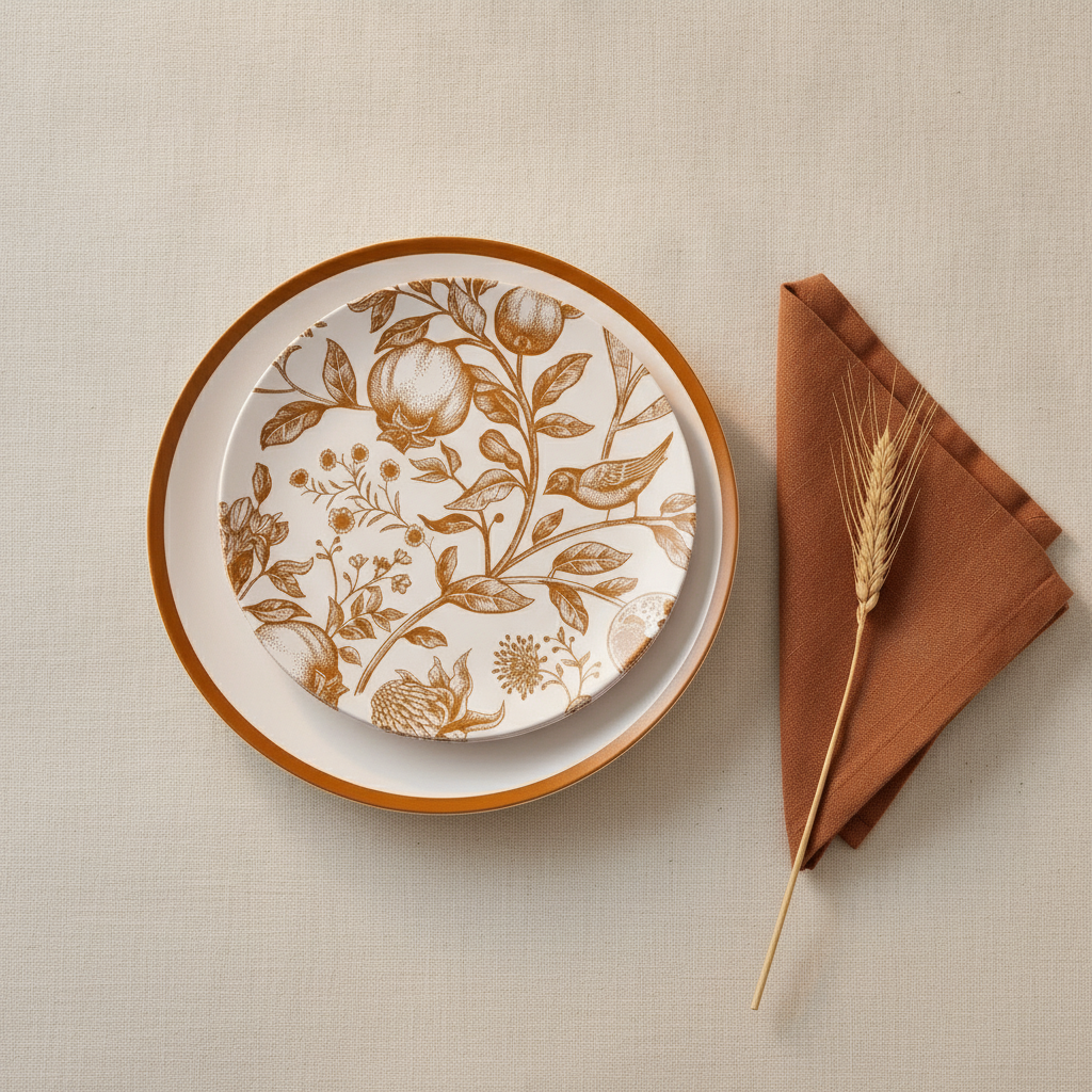 Overhead flat-lay stack of pomegranate-toile disposable plates with wheat sprig