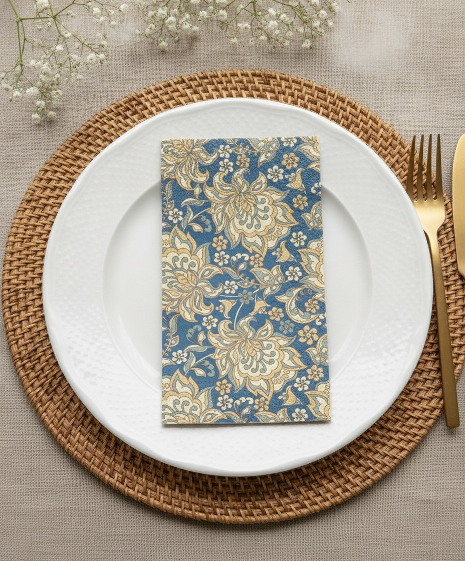 Folded rectangular heritage English floral paper guest napkin on a white plate in an elegant place setting