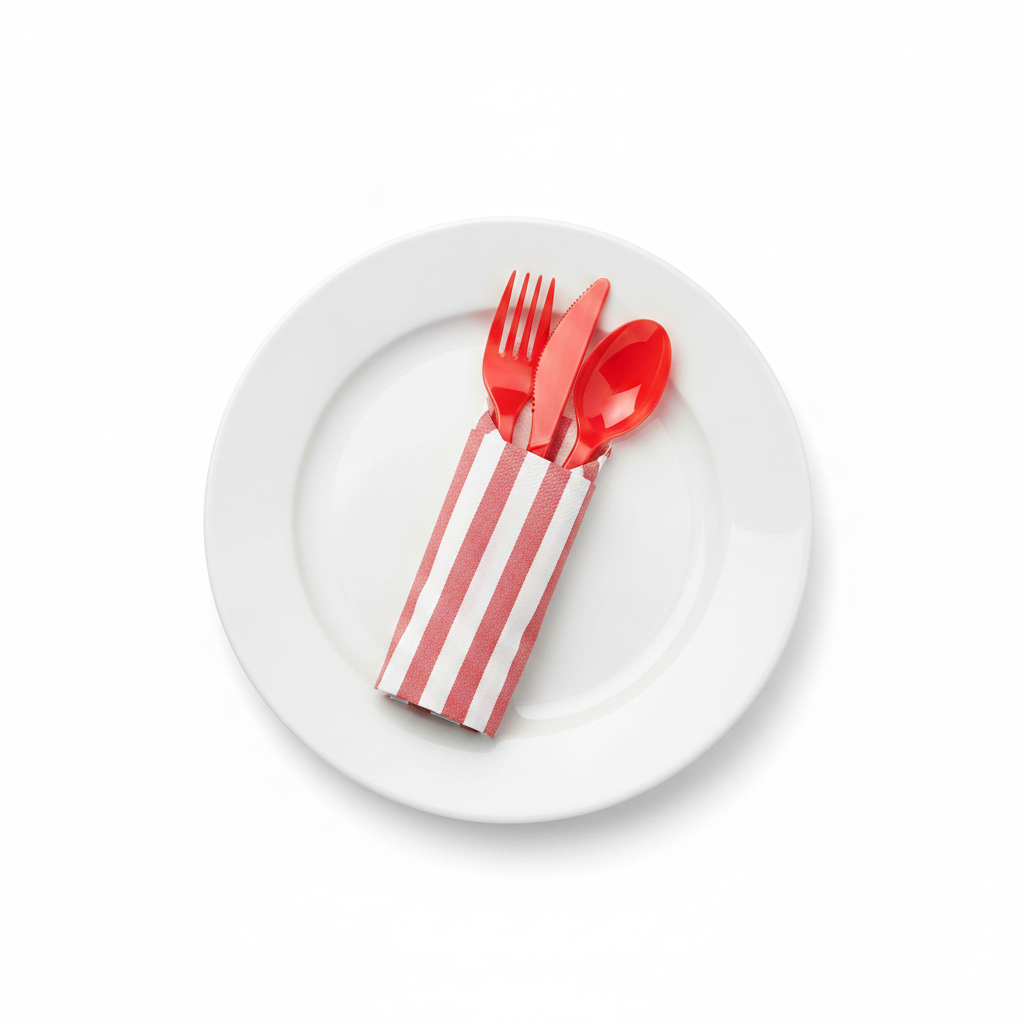 Red disposable plastic cutlery set pre-rolled in a red and white striped napkin on a white plate