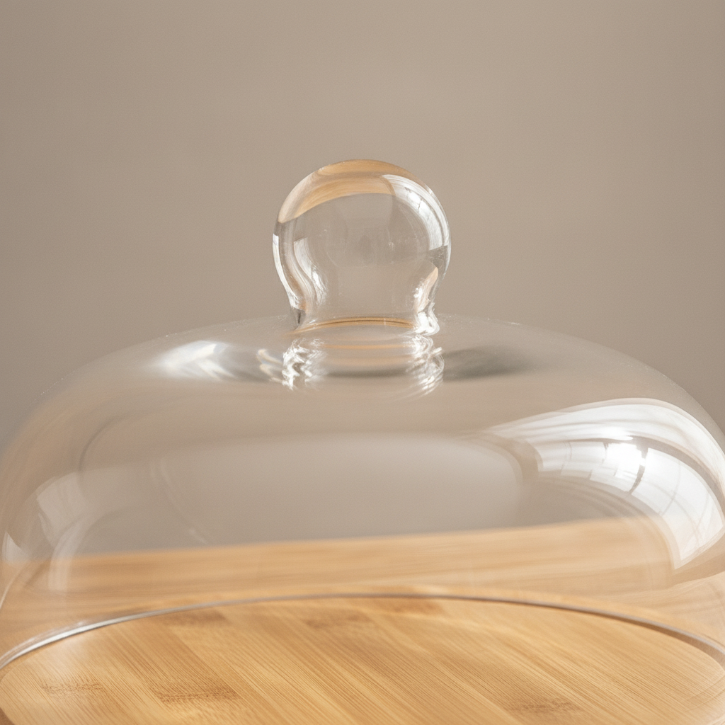 Macro detail of the glass knob handle and the dome meeting the bamboo base