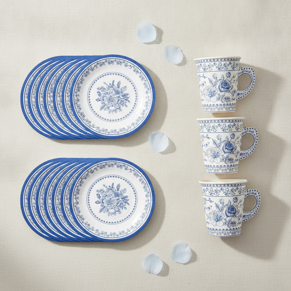 Flat lay of stacked blue and white floral paper saucers and paper tea cups