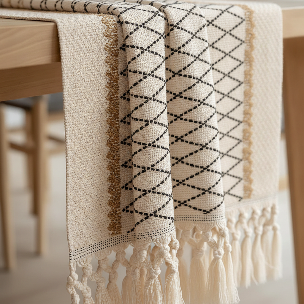 Close-up of the woven black diamond lattice texture and tan stripes on the boho table runner