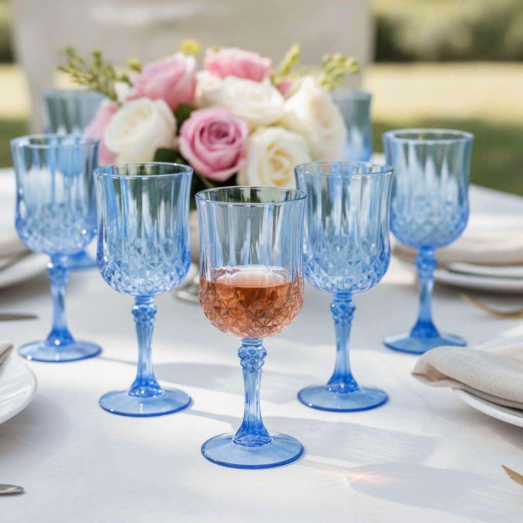Blue plastic vintage wine goblets on an elegant outdoor garden party table