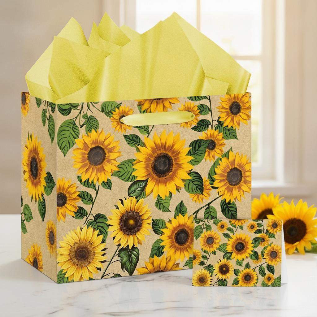Sunflower print gift bag with yellow tissue beside fresh sunflowers on marble