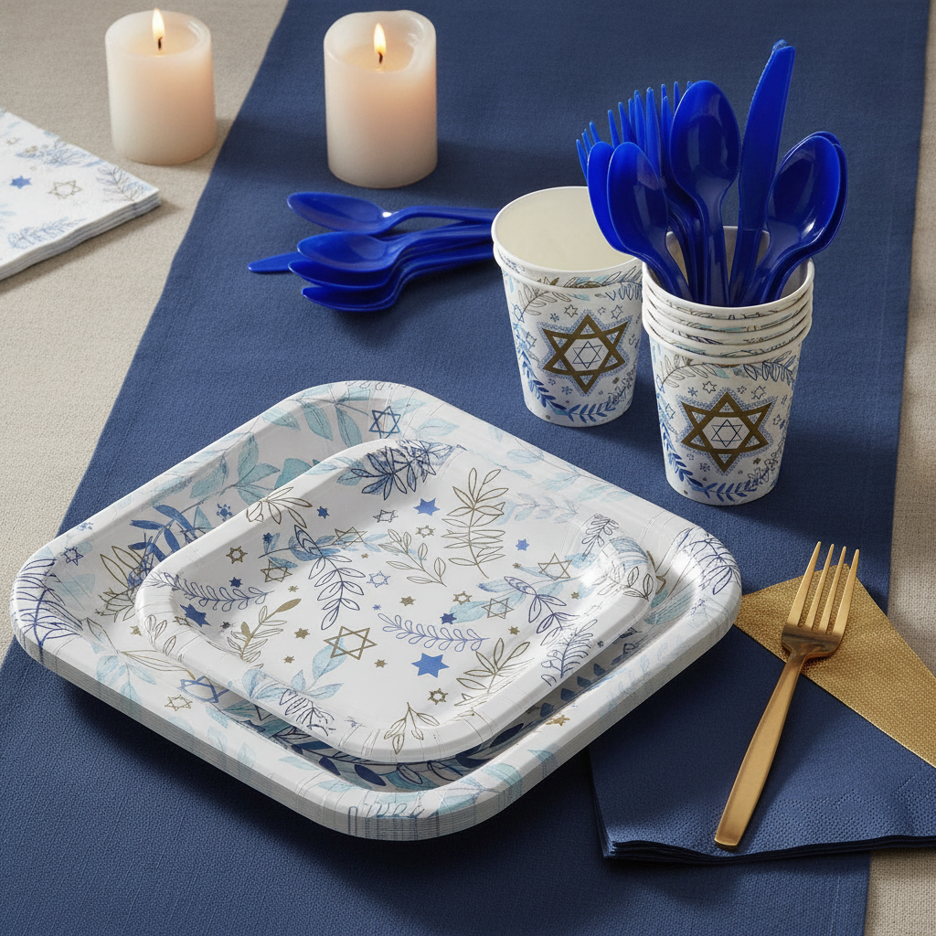 Stacked white square Hanukkah paper plates with blue and gold Star of David print, star-print cups and blue cutlery on a navy runner