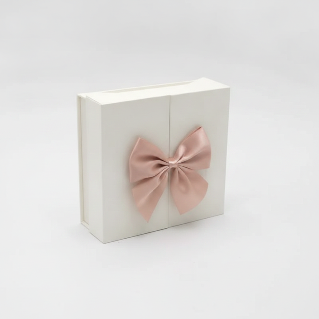 Ivory-white double-door jewelry gift box with blush pink satin bow
