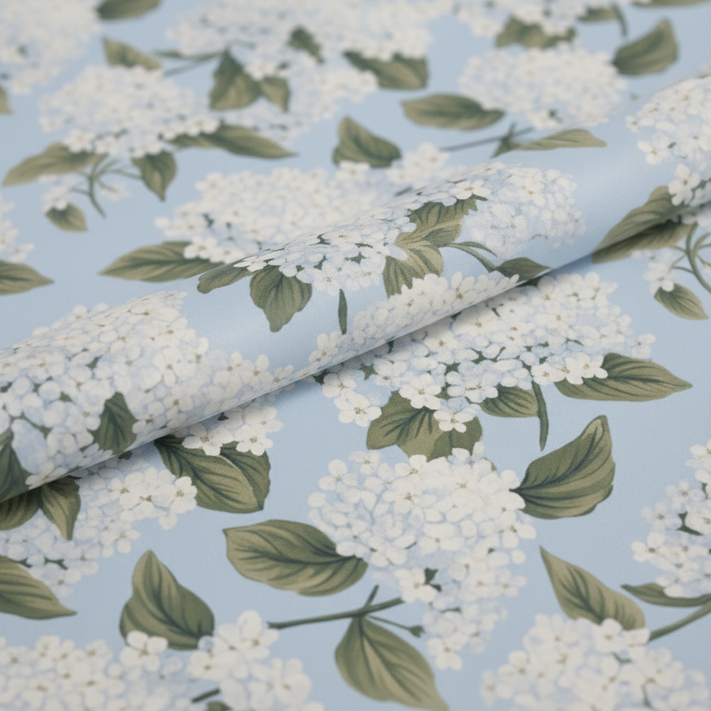 Macro close-up of blue and white hydrangea wrapping paper