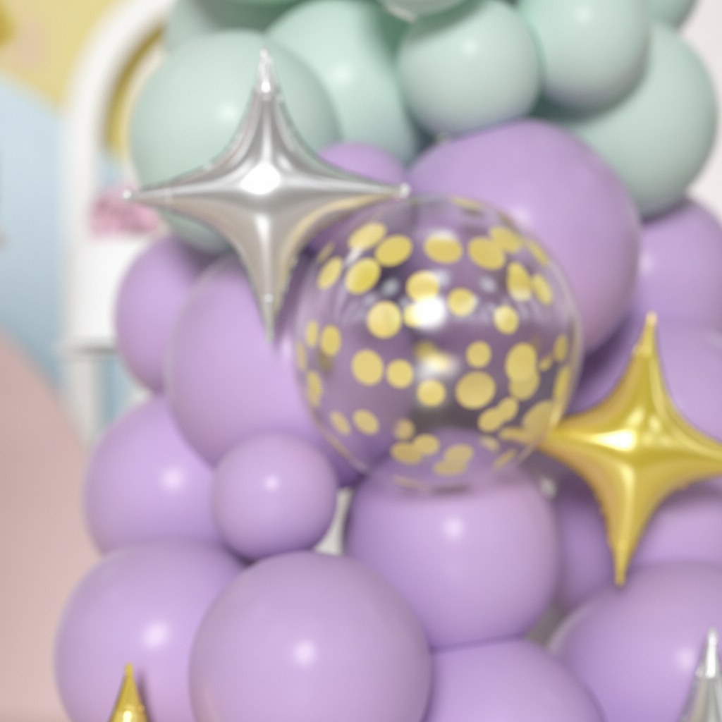 Close-up cluster of matte pastel macaron latex balloons and confetti balloons
