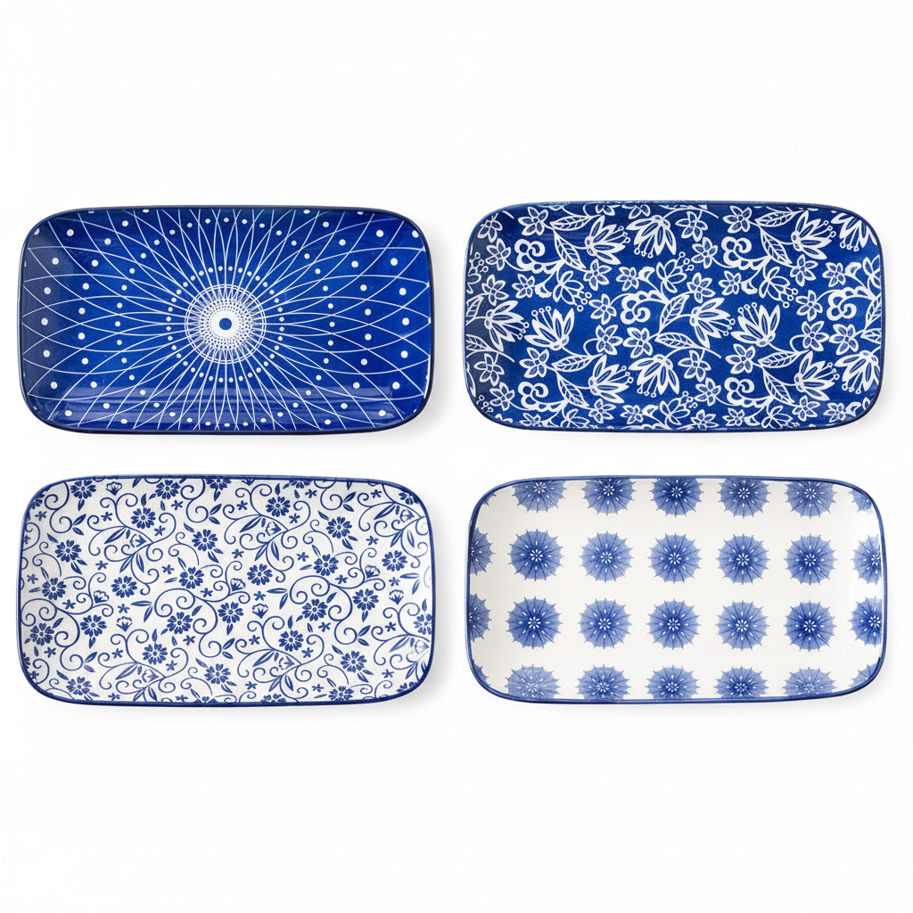 Set of four rectangular blue and white ceramic serving plates on white