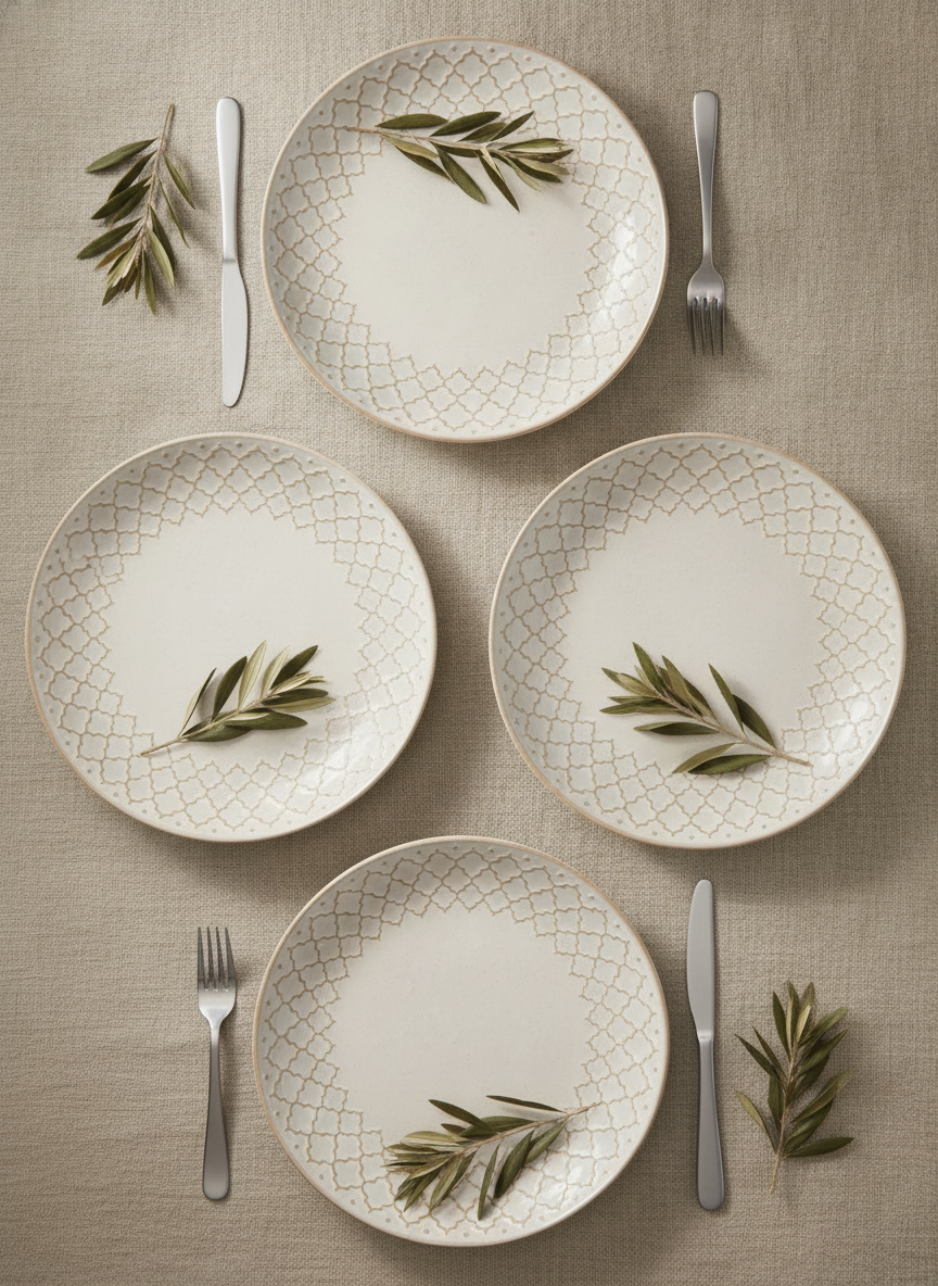 Overhead flat-lay of three Marrakech relief-lattice ceramic plates on oatmeal linen