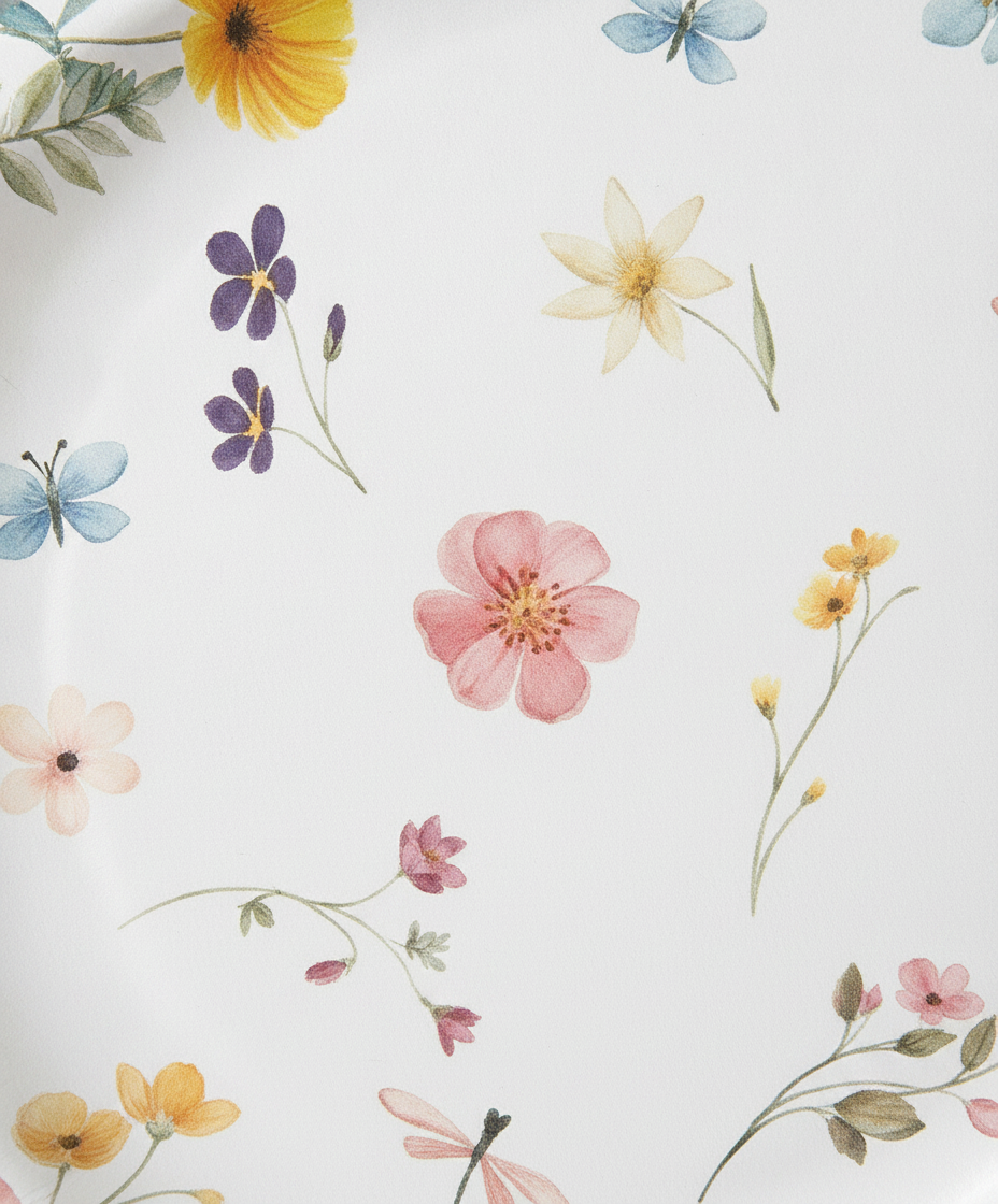 Macro close-up of delicate scattered wildflower print on matte scalloped disposable paper plate