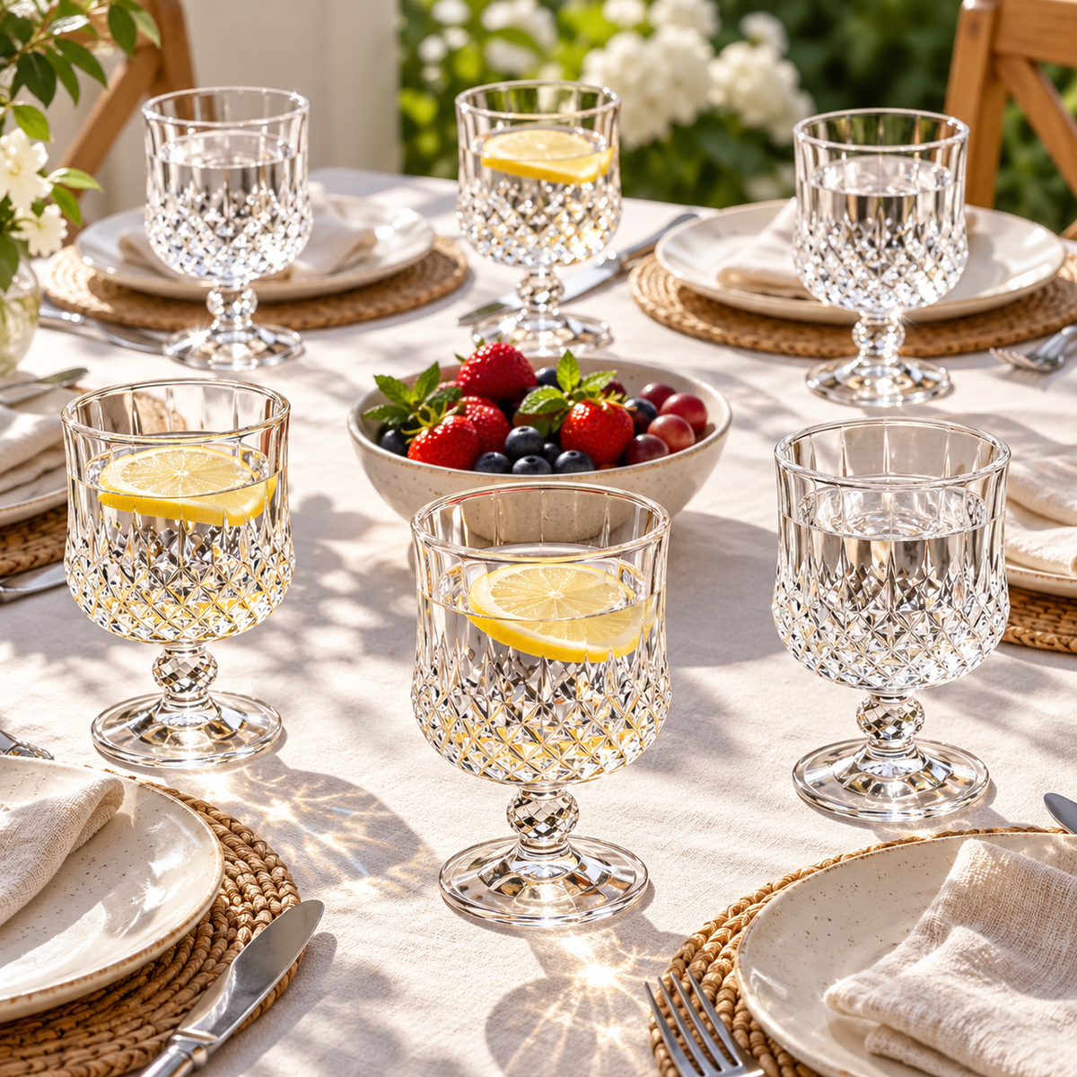 Six diamond-pattern goblets at a sunny brunch table