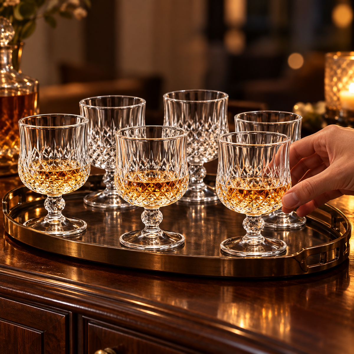 Six diamond-pattern goblets on an evening serving tray