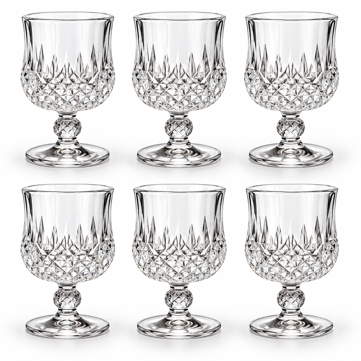 Set of six empty diamond-pattern goblets on white