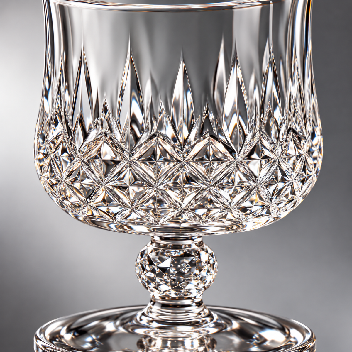 Diamond-pattern goblet cut glass and short stem detail