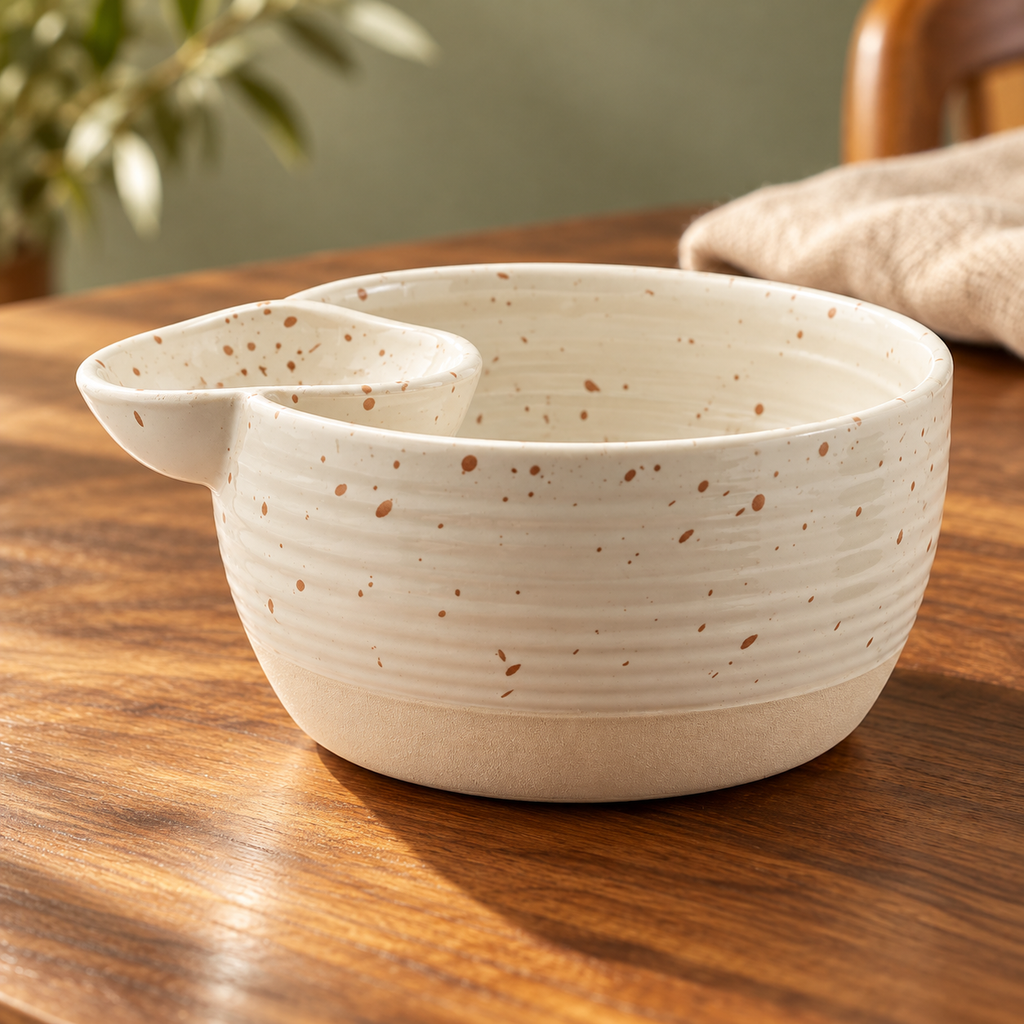 Speckled white ceramic divided dipping bowl — ceramic glaze and integral cup detail