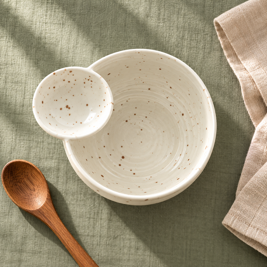 Speckled white ceramic divided dipping bowl — overhead view showing integral dipping cup