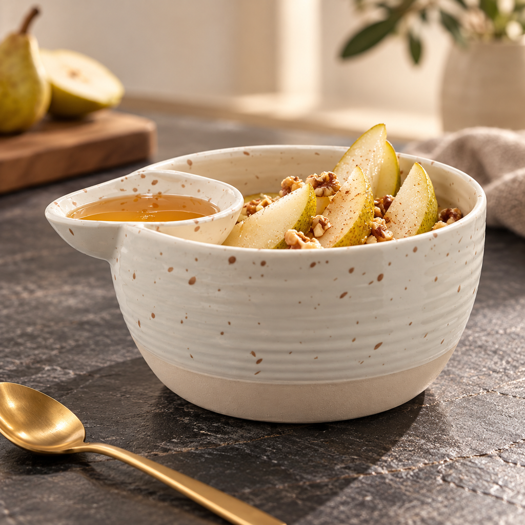 Speckled white ceramic divided dipping bowl — pear and honey serving scene