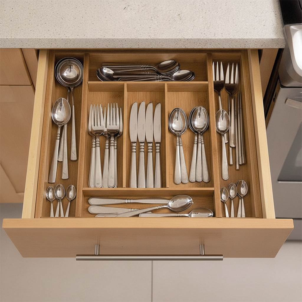 Bamboo cutlery organizer flat-lay with sorted silverware
