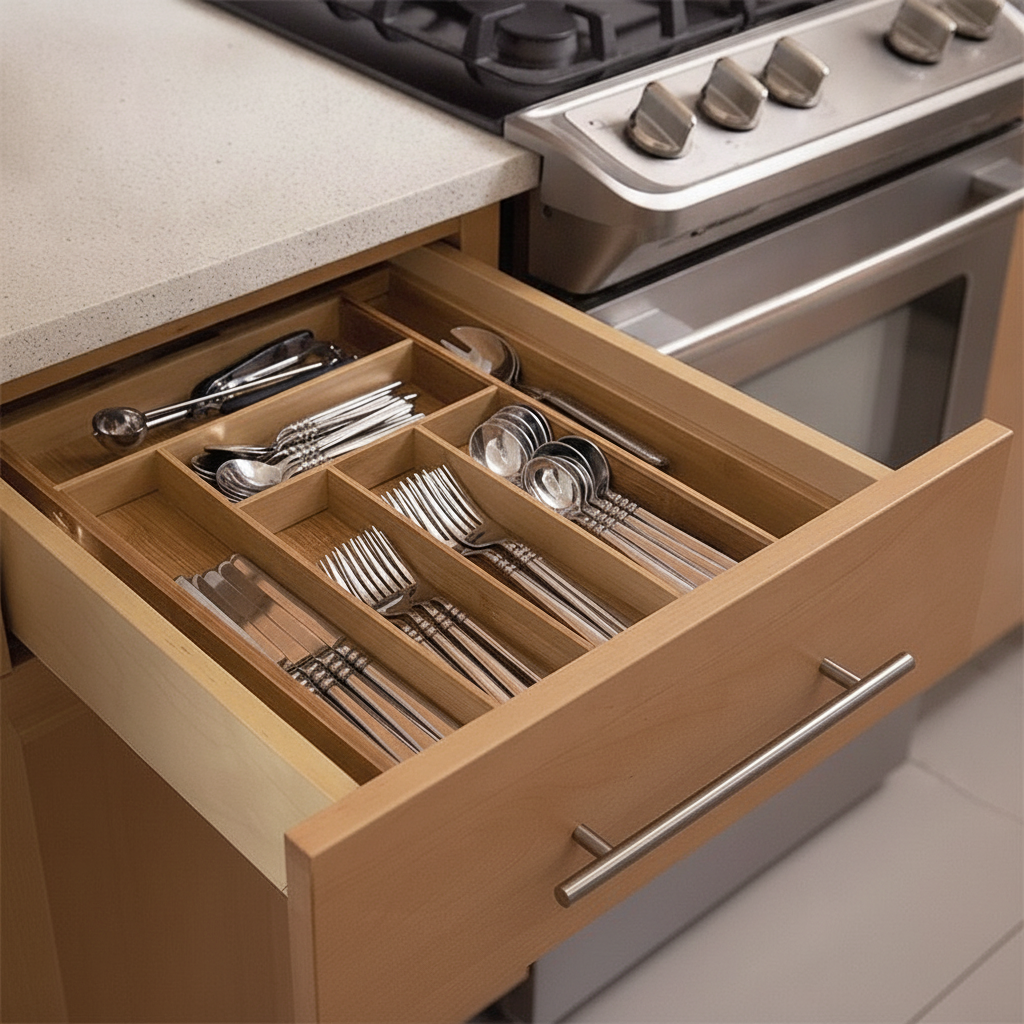 Expandable bamboo organizer three-quarter view showing sliding rails