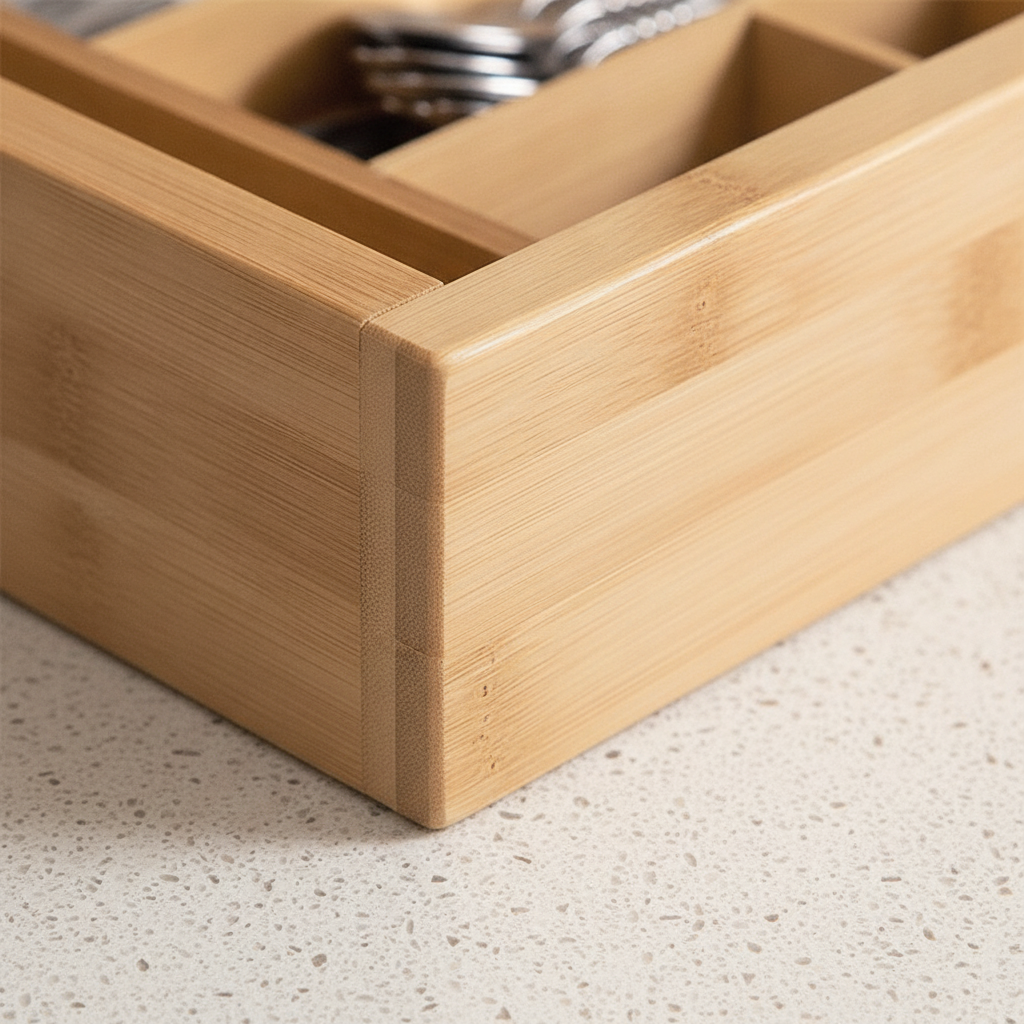 Bamboo grain detail of expandable cutlery organizer corner and slide rail