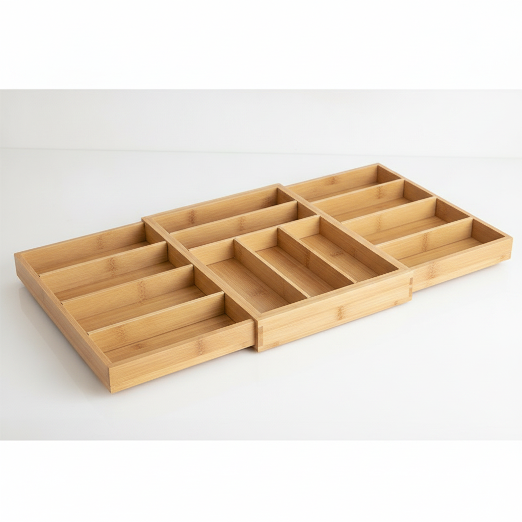 Empty bamboo cutlery organizer expanded to full width on white counter